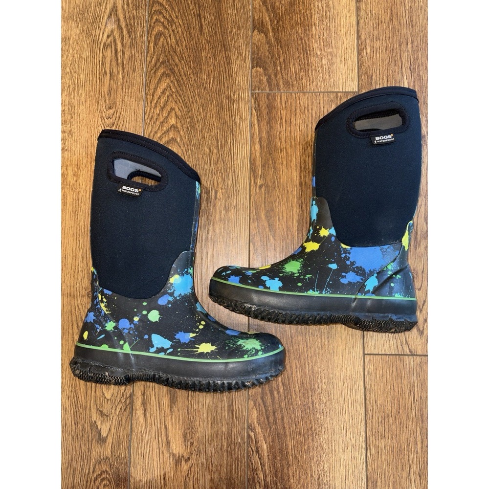 BOGS kid youth size 4 shoe blue tall insulated waterproof boots Paint Splat Boy